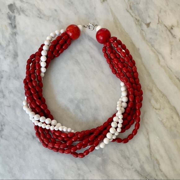 Vintage Ethnic Wooden Beaded Choker Necklace Red and White - Picture 3 of 7